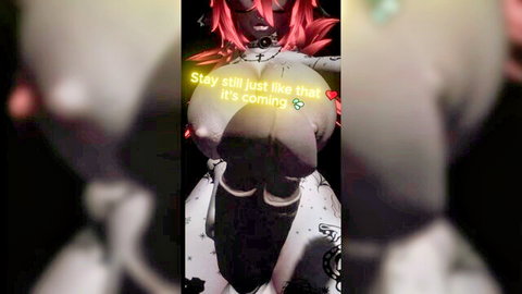 Seductive anime redhead in tight black outfit teases with 'stay still' vibe
