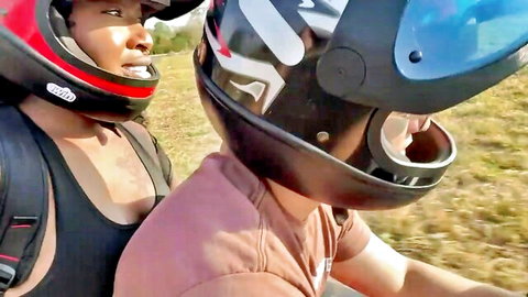 Ebony unfaithful wife with gym buddy on motorcycle in woods, outdoor adventure tease