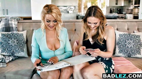 Cherry Kiss and blonde cougar in sexy dresses teasing on couch