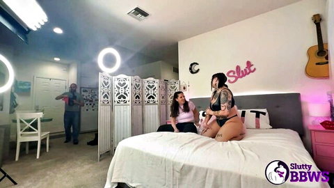 Seductive Emo BBW Angel Summer in lingerie on bed with tattooed friend