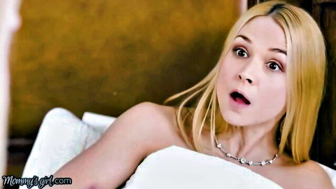 Lexi Lore surprised blonde in bed, testing stepmommy's vibrator