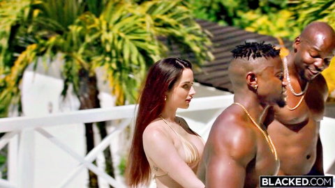 Audrey Reid bikini tease with two muscular black men, hotwife threesome preview, Blacked