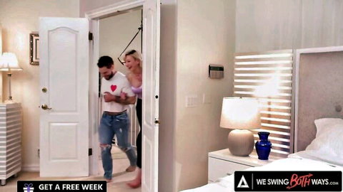 Adira Allure enters bedroom in pink bra for bisexual threesome
