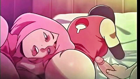 Pink-haired hentai girl with huge tits in hijab stroking cock
