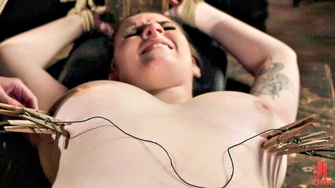 Bound blonde's huge tits tortured with multiple painful nipple clothespins in BDSM bondage