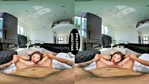 Asian babe in white stockings gives deep POV blowjob sucking thick cock