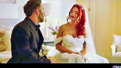 Sinatra Monroe in off-shoulder white wedding dress, red hair, intimate with suited groom