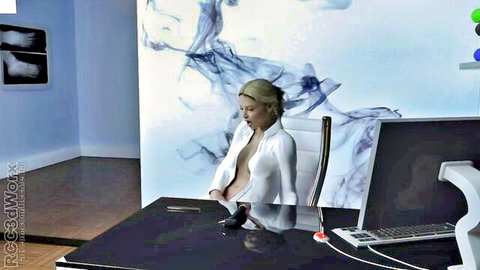 Blonde Valerie in unbuttoned white top at gynecologist office
