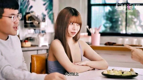 Kris Baumer as slim Asian beauty in tank top, cuckold tension with couple