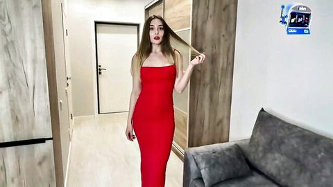 Belovefree in tight red dress, stepmom vibe with long brunette hair teasing