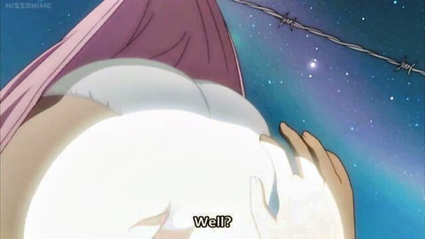 Uncensored hentai anime girl exposing big white ass under purple cape in night sky