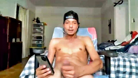 Sexy Latin guy with big cock jerking off solo on webcam