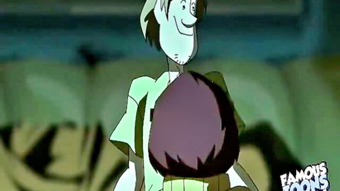 Shaggy hugging Velma from behind in cartoon parody scene