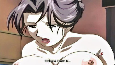 Hentai stepmom Emiko topless with large breasts, aroused expression