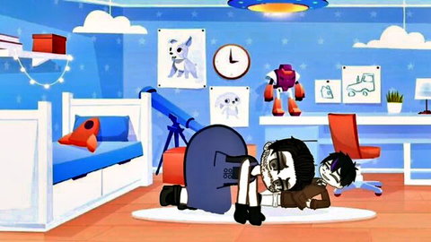 Anime girl in skirt bent over for guy in bedroom, black hair couple intimate pose