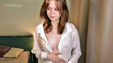 Jullietebliss redhead in sheer white blouse teasing cleavage
