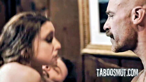 Brunette teen faces bald pervy neighbor in intense taboo close-up