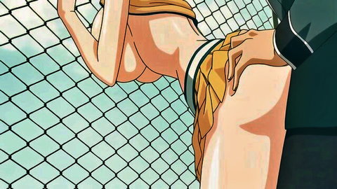 Anime green-haired schoolgirl upskirt ass exposure on fence