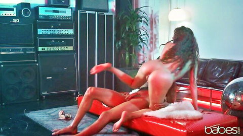 Brunette babe bends over red furry couch spreading ass exposing trimmed wet pussy in hot pose