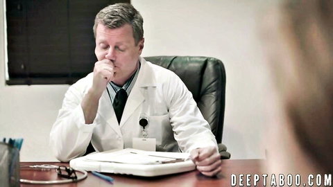 Mature doctor in white coat at desk, deep taboo kinky health center story