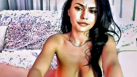 Topless brunette babe with big perky tits and erect nipples on fluffy bed webcam