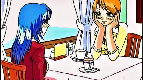 Anime blue-haired girl chats with orange-haired babe at tea table