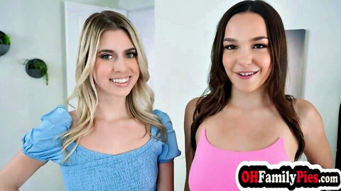 Jill Kassidy and blonde teen smiling in casual outfits, playful stepsister doctor vibe