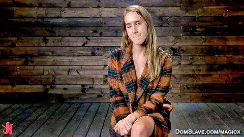 Cadence Lux bound blonde with master kneeling in BDSM scene