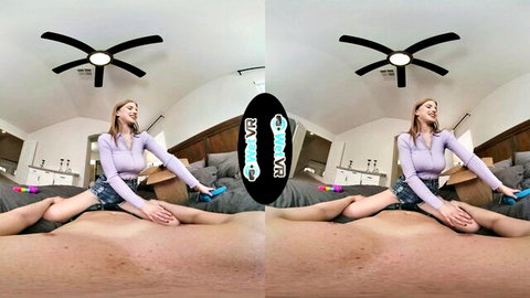 Freckled gamer girl in purple sweater straddles naked man's cock holding controller in VR