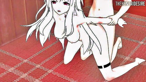 White-haired hentai babe with huge tits kneels nude as another girl grabs her ass and hips in explicit pose