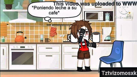 Anime girl with big tits pouring milk into coffee in kitchen comic panel