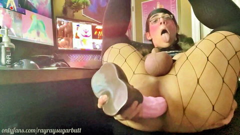Trans with big pink cock spreads fishnet ass inserting brown and pink dildos anally solo