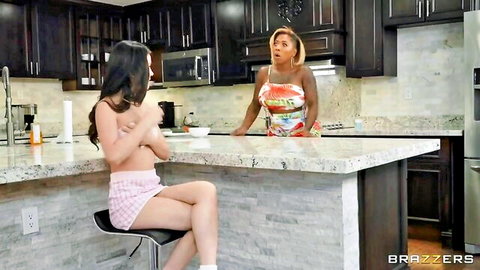 Topless Asian teen in pink skirt chats with ebony MILF in colorful dress, Brazzers lesbian tease