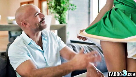 Mistress Alexis ebony teen lifts green skirt showing panties to smiling stepdad