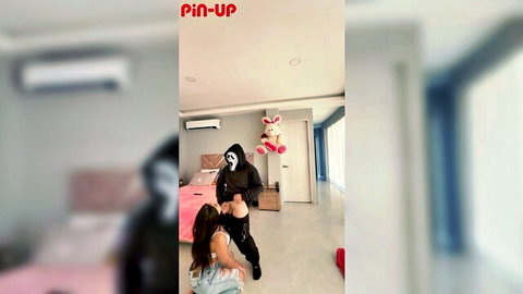 Thalia and Felipe in masked bedroom hookup, Ghostface roleplay tease