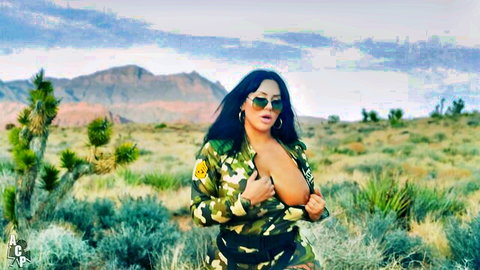 Drea Alexa in revealing camo top, curvy Latina posing in desert