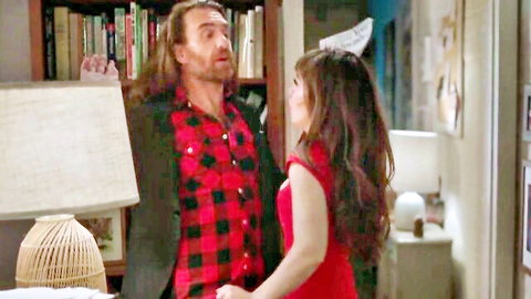Hairy man in plaid shirt jacket talks closely to brunette in tight red dress medium tits library scene