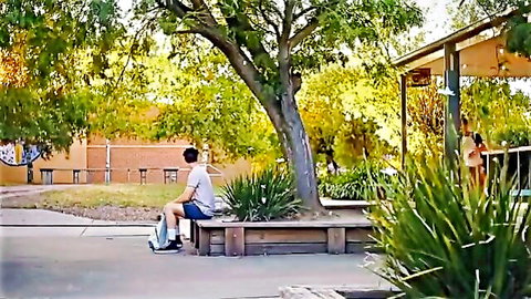 Leo and Tom BL outdoor park scene with slim guy on bench in casual clothes