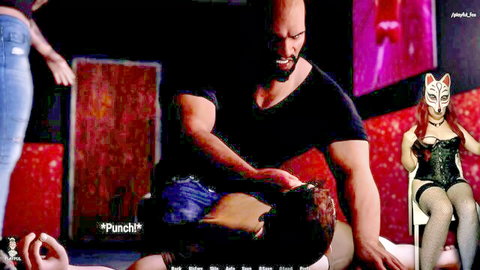 Muscular black man punches slim brunette while masked redhead in lingerie watches