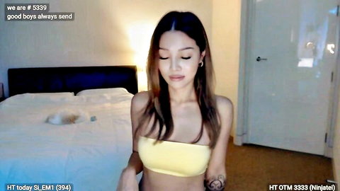 goddessK1RA Asian findom domme in yellow tube top, teasing worship cam show