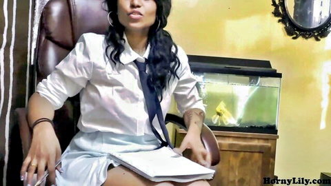 Horny Lily in sexy white shirt and skirt, big Indian boobs tease