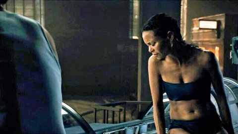 Thandie Newton in skimpy black bikini top, athletic figure in Reminiscence (2021)