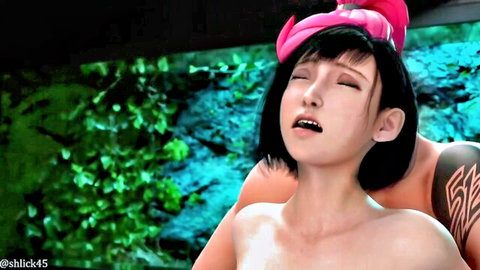 Tifa Lockhart cosplay nude passion with Zarya, ecstatic face in foliage embrace