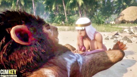 Busty woman in headscarf groped by muscular furry beast on beach in 3D porn