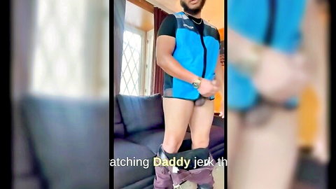 Muscular delivery man in blue vest jerks off bottomless, solo male tease