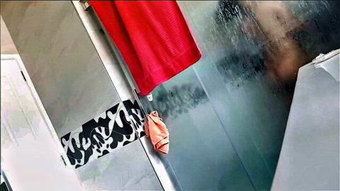 Steamy Indian sis in shower tease with hanging red sundress