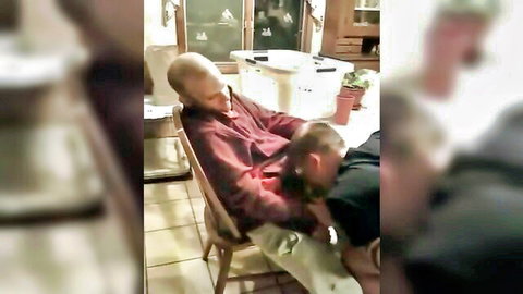 Bald man gets oral from bearded buddy, small cock exposed in amateur gay scene
