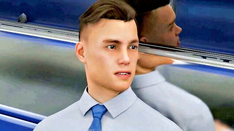 Intense young man in light blue suit on public train, teen passion vibe