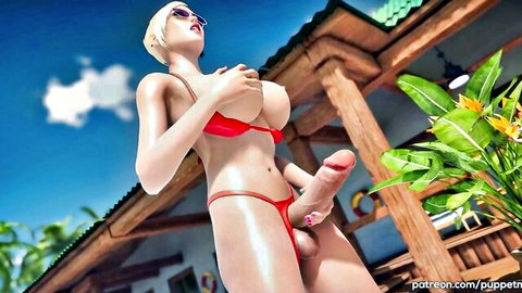 Blonde futa in red bikini poses seductively on vacation, ready for anal fun