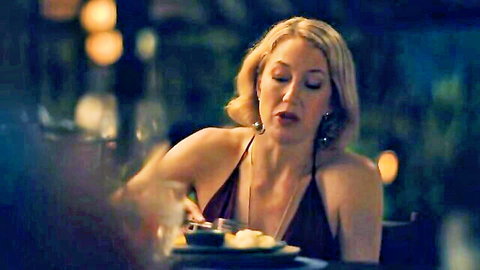 Carrie Coon sexy in black slip dress at dinner, The White Lotus S03E07